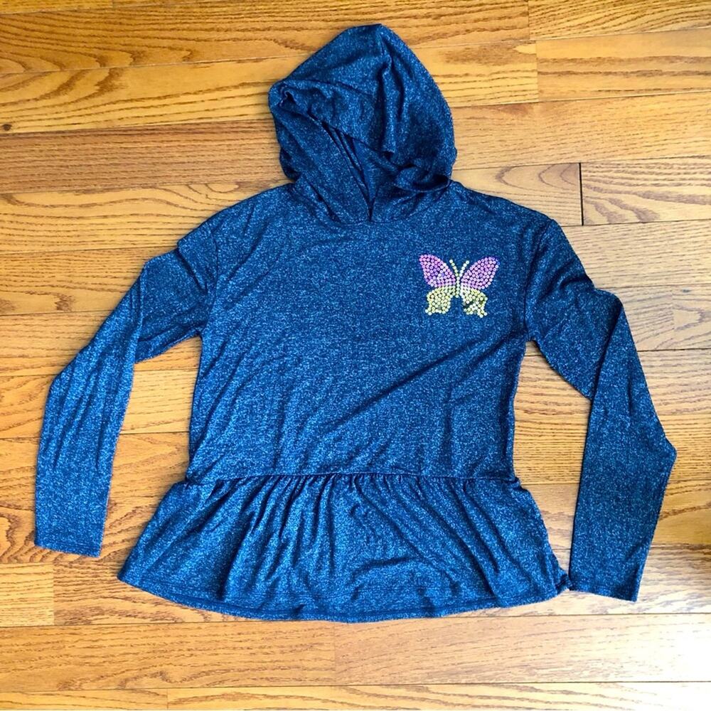 Epic Threads Long Sleeve Butterfly Sequined Appliqué Hooded Blue Top Girl’s XL